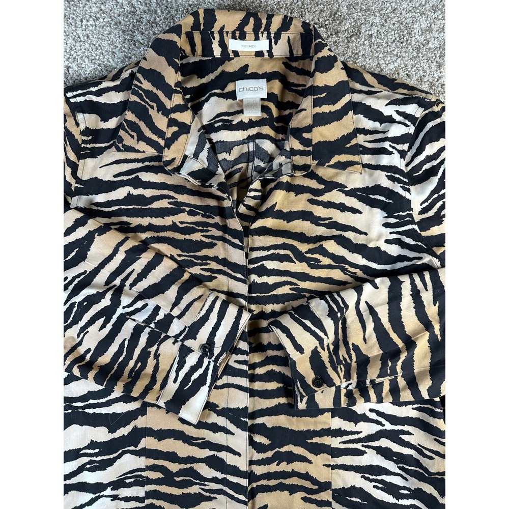 Chico's No-Iron Tiger Stripe Animal Print Button Down Tunic Top Size 2.5 XL